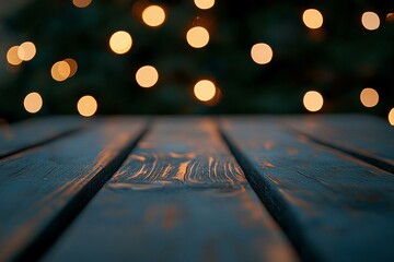 Dark Wood Table with Bokeh Lights Background