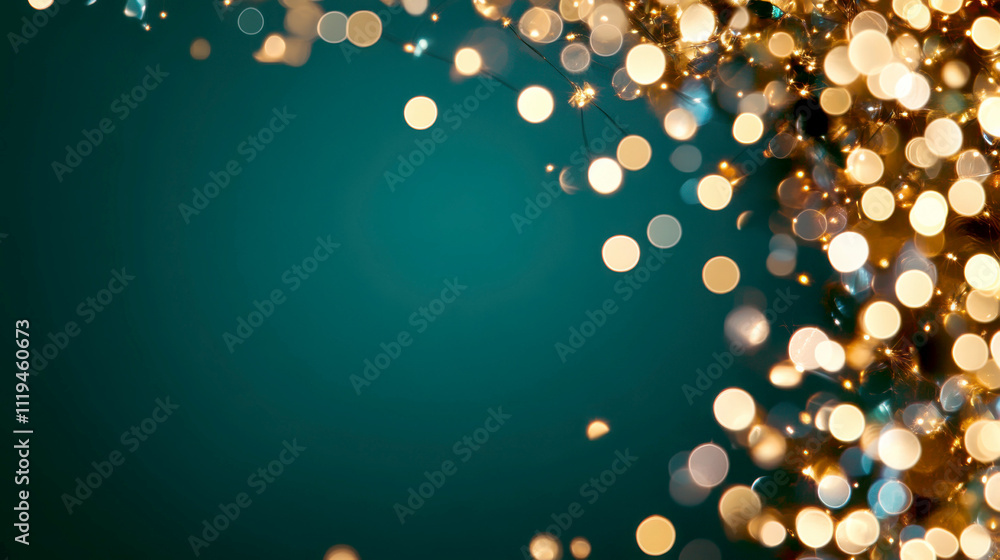 Poster abstract bokeh background with soft golden lights on teal backdrop.