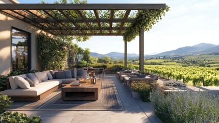 Relaxing rooftop space featuring a shaded pergola, cozy dining furniture, and unobstructed views of green vineyards and rolling hills