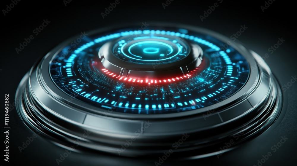 Poster silver metallic device with futuristic glowing controls and minimalist shiny decorative patterns.