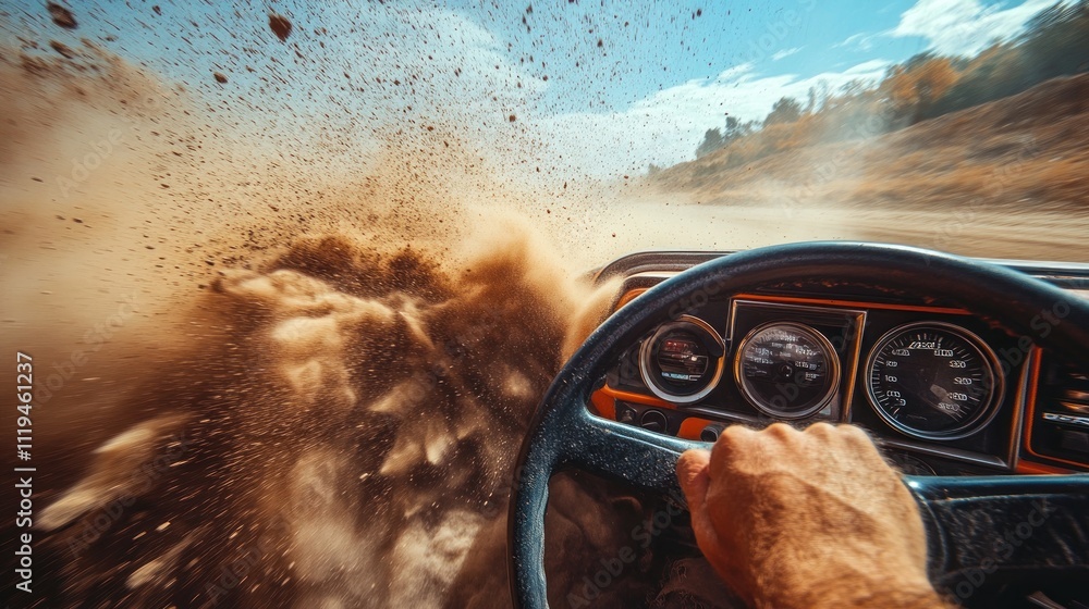 Poster a dynamic view from inside a vehicle driving through a dusty landscape.