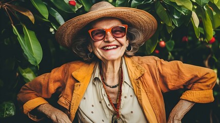 Happy senior woman in a straw hat and orange jacket laughs outdoors amidst lush green foliage.