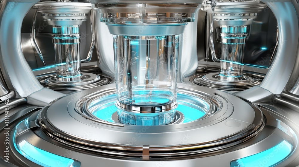 Poster silver metallic setup with futuristic rotary controls and shiny minimalist design elements.