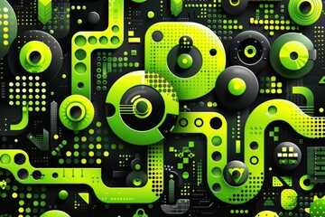 Obraz premium A green and black abstract design with many circles and squares