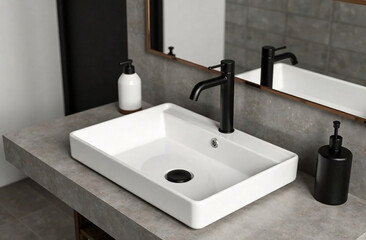 Fototapeta premium Bathroom interior with modern sink and faucet, closeup