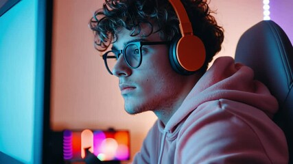 A young person focused on a computer screen, wearing headphones in a colorful environment.