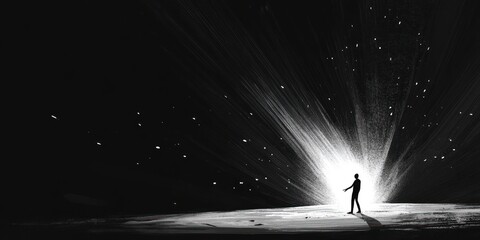 A solitary figure approaches a radiant light source