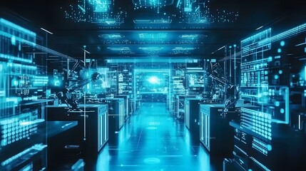 Futuristic server room with holographic displays and robotic arms.  Cyberpunk tech corridor.