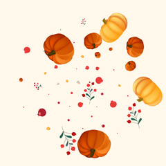 Gold Pumpkin Background Beige Vector. Plant Harvest. Burgundy Food Template. Foliage Banner. Green Rowan Wreath Frame.