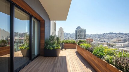 Tranquil balcony with natural wood floors, lush greenery in modern planters, and a panoramic view of a vibrant city