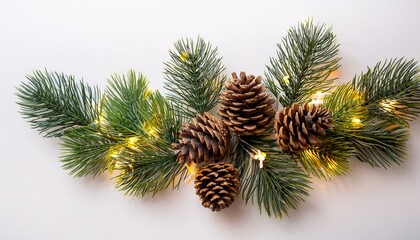 Christmas tree branch with cones and lights on isolated white background.