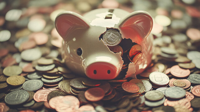 Broken piggy bank with coins scattered around, symbolizing financial struggle and the need for careful budgeting and saving.