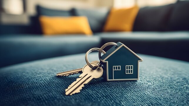House keys on a blue couch, representing homeownership, real estate, and new beginnings.