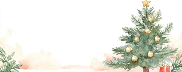 A festive watercolor illustration featuring a decorated Christmas tree with golden ornaments and gifts, set against a soft, white background.