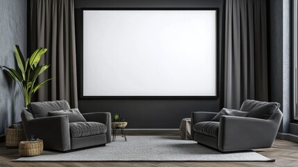 Sleek home theater with a blank wall-mounted screen, neutral curtains, and cozy recliners.