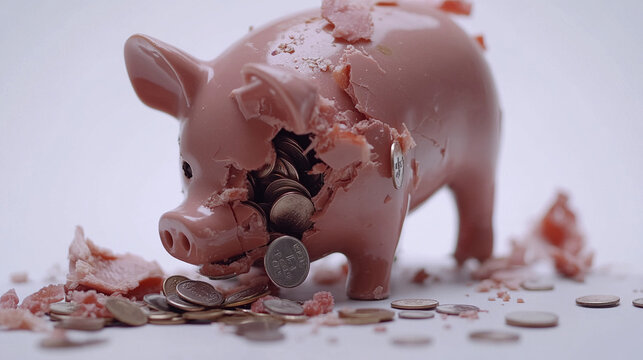 Broken piggy bank with coins scattered around, symbolizing financial struggle and the need for careful budgeting and saving.
