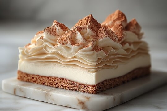 Layered cream cake slice with cocoa dusting on white backdrop