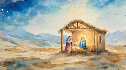Nativity scene in Bethlehem. Watercolor painting. Christmas scene illustration showing holy family baby Jesus in the manger Mary and Joseph.  © Aven