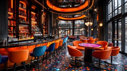 A bar with a neon sign and a neon lighted table