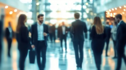 A softly blurred networking event featuring business professionals in formal attire, mingling and conversing in a modern venue with warm lighting, creating a vibrant yet professional atmosphere