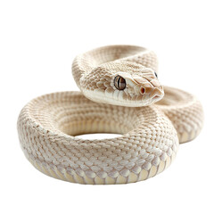 Fototapeta premium A white snake is curled up on a white background