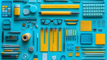 A blue background with a variety of school supplies including pens, pencils