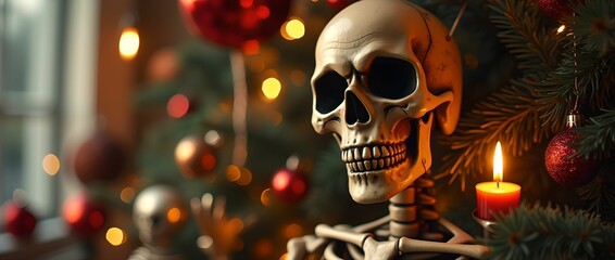 Horror themed Christmas decor with funny skull skeleton and festive New Year decorations