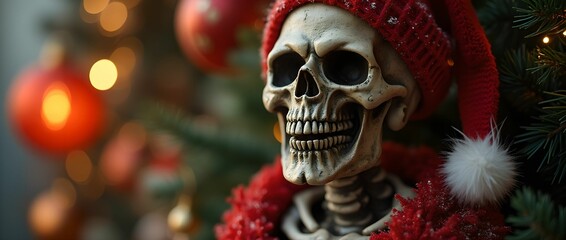 Horror themed Christmas decor with funny skull skeleton and festive New Year decorations