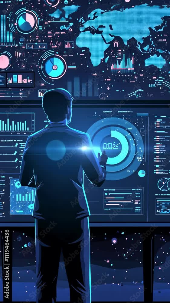 Poster engagement with data analysis in a futuristic digital workspace during evening hours