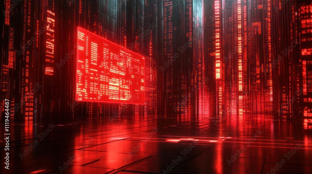 Poster red digital data streams flow through a futuristic city.