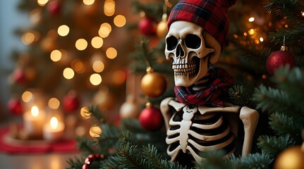 Horror themed Christmas decor with funny skull skeleton and festive New Year decorations