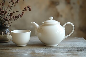 White teapot and cup on rustic background with dried flowers
