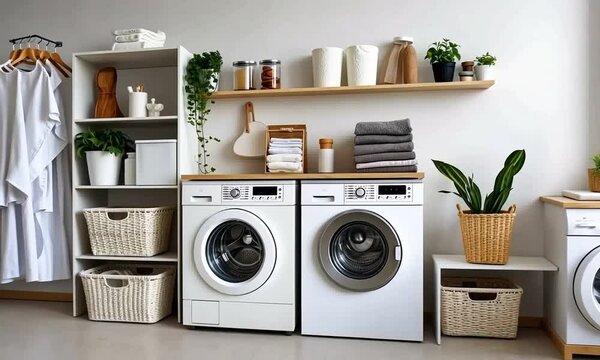 Modern laundry room with organized shelves
