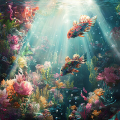 A vibrant underwater scene inspired by spring. Fish with a flower pattern on their scales and a coral reef like a meadow of flowers. Sunlight penetrates the water