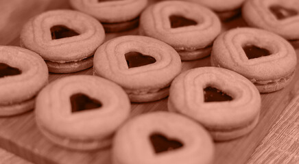 Tasty fresh cookies on a wooden board. Color of the Year Mocha Mousse.