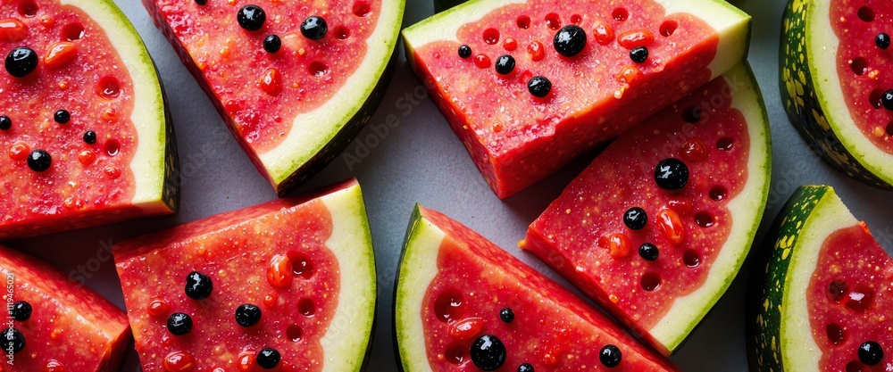 Poster a close up of a bunch of watermelon slices on a table. the slices are cut in half and arranged in a 