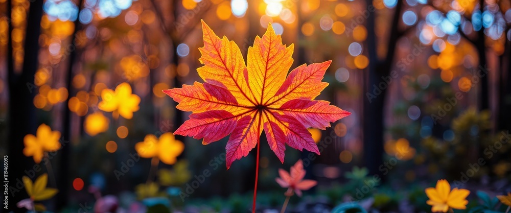 Poster a leafy tree with a single leaf in the foreground. the leaf is orange and yellow. the rest of the tr