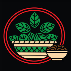 Fresh basil leaves in a rustic basket paired with a small bowl of dried basil, beautifully illustrated vector design for culinary, herbal, and natural-themed artwork.






