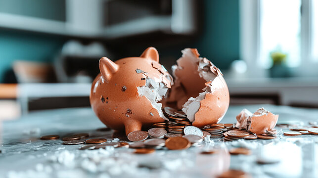 Broken piggy bank with coins scattered around, symbolizing financial struggle and the need for careful budgeting and saving.