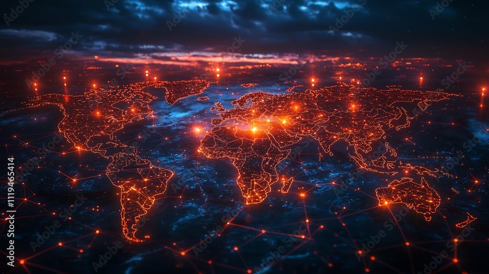 Aufkleber global business on digital map with glowing connection points