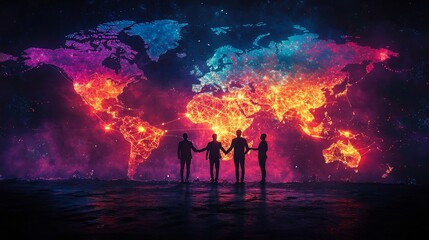 Fototapeta premium Business Team Collaborating on Global Expansion via Digital Map Connections