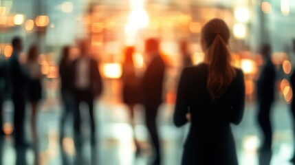 A softly blurred networking event featuring business professionals in formal attire, mingling and conversing in a modern venue with warm lighting, creating a vibrant yet professional atmosphere