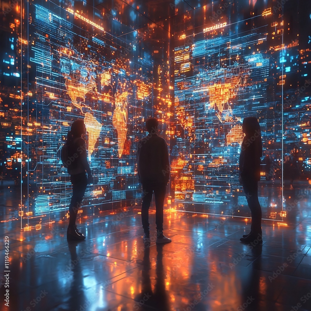 Aufkleber futuristic digital workspace with collaborative holographic interfaces and illuminated pathways