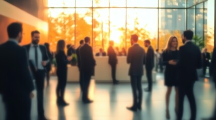 A softly blurred networking event featuring business professionals in formal attire, mingling and conversing in a modern venue with warm lighting, creating a vibrant yet professional atmosphere