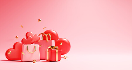 Pink, Red and Gold shopping bag, gift box and heart with copy space on pink backgrond, Valentine's day sale Promotion, poster, banners, background. 3d render