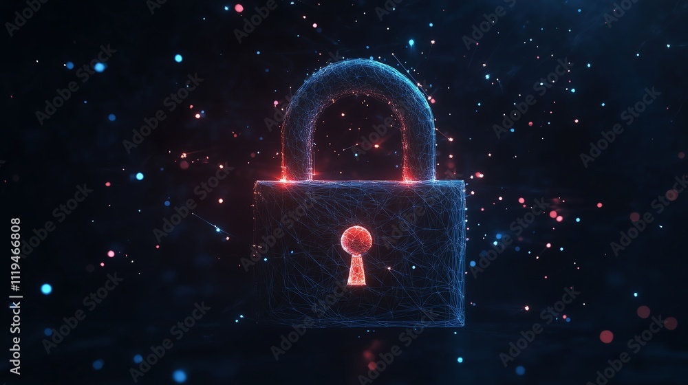 Poster secure padlock icon in low poly wireframe design with glowing particles on dark blue background, hig