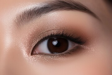 Obraz premium 2025 color trend Asian woman close up detail wearing shiny muted mocha brown eyeshadows, on a mocha brown background