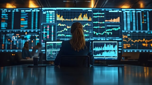 A woman is sitting at a desk in front of a computer monitor with a headset on
