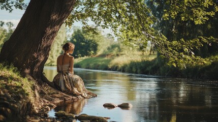 Model in Recycled Fabric Skirt Posing Gracefully by the Water