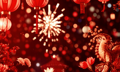 Festive decorations with red lanterns, flowers, and fireworks create vibrant atmosphere for Lunar New Year celebrations. scene is filled with joy and cultural significance